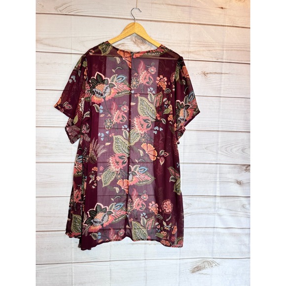 Maurices Burgundy Floral Lightweight Sheer Kimono Size OX Boho Cottage Fairy - Picture 7 of 9